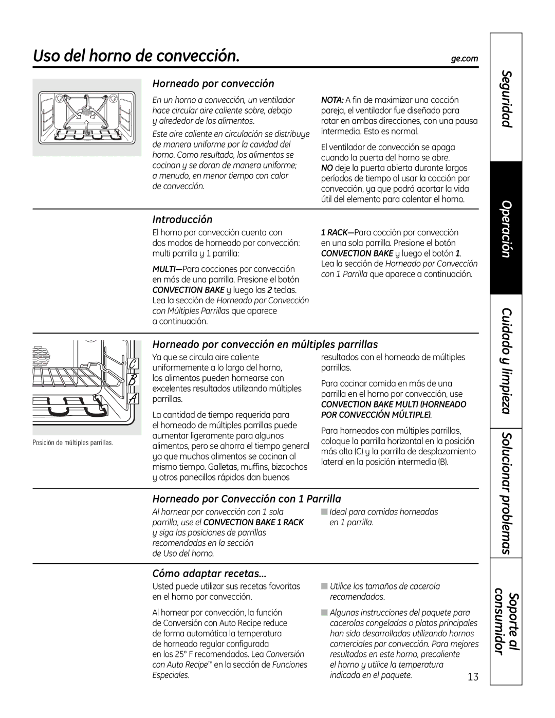 GE PT925 manual Uso del horno de convección, Cuidado, Problemas 