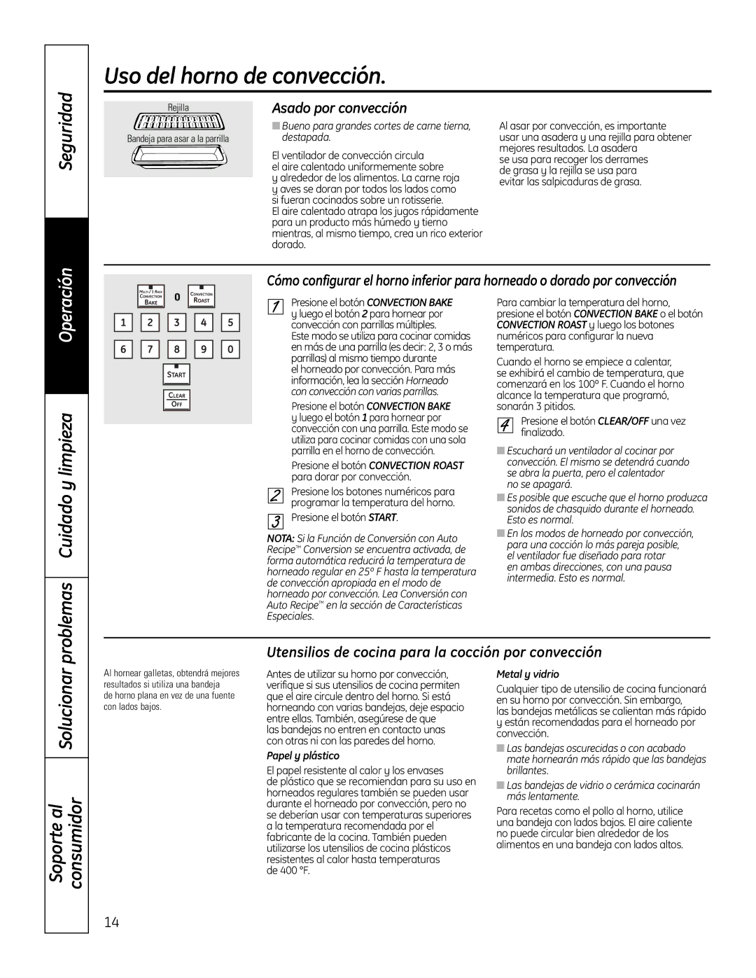 GE PT925 manual Seguridad, Solucionar, Asado por convección, Utensilios de cocina para la cocción por convección 