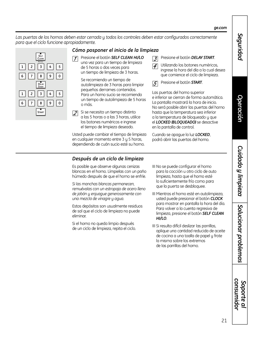 GE PT925 manual Cómo posponer el inicio de la limpieza, Después de un ciclo de limpieza, De las parrillas del horno 