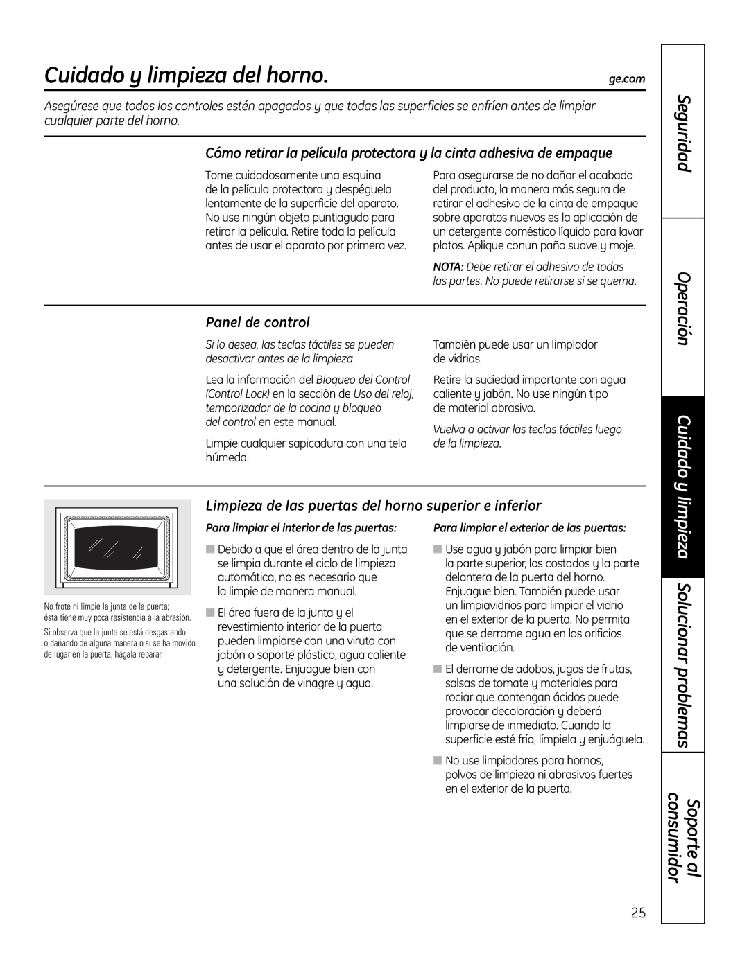 GE PT925 manual Cuidado y limpieza del horno, Panel de control, Limpieza de las puertas del horno superior e inferior 