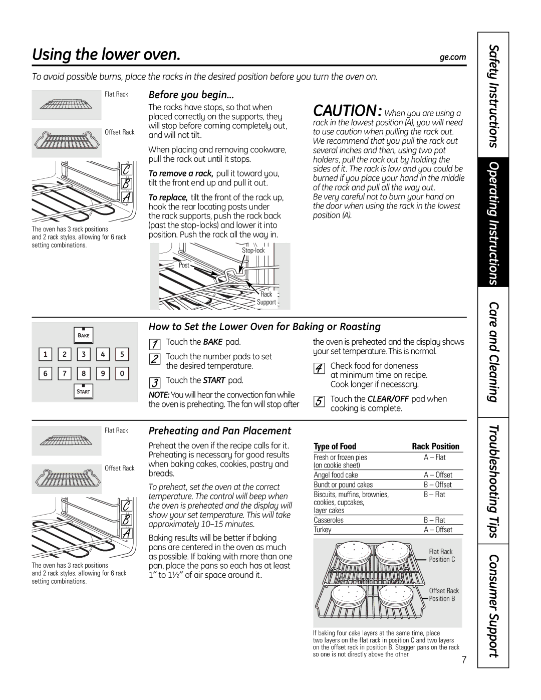 GE PT925 manual Using the lower oven, Safety, How to Set the Lower Oven for Baking or Roasting 