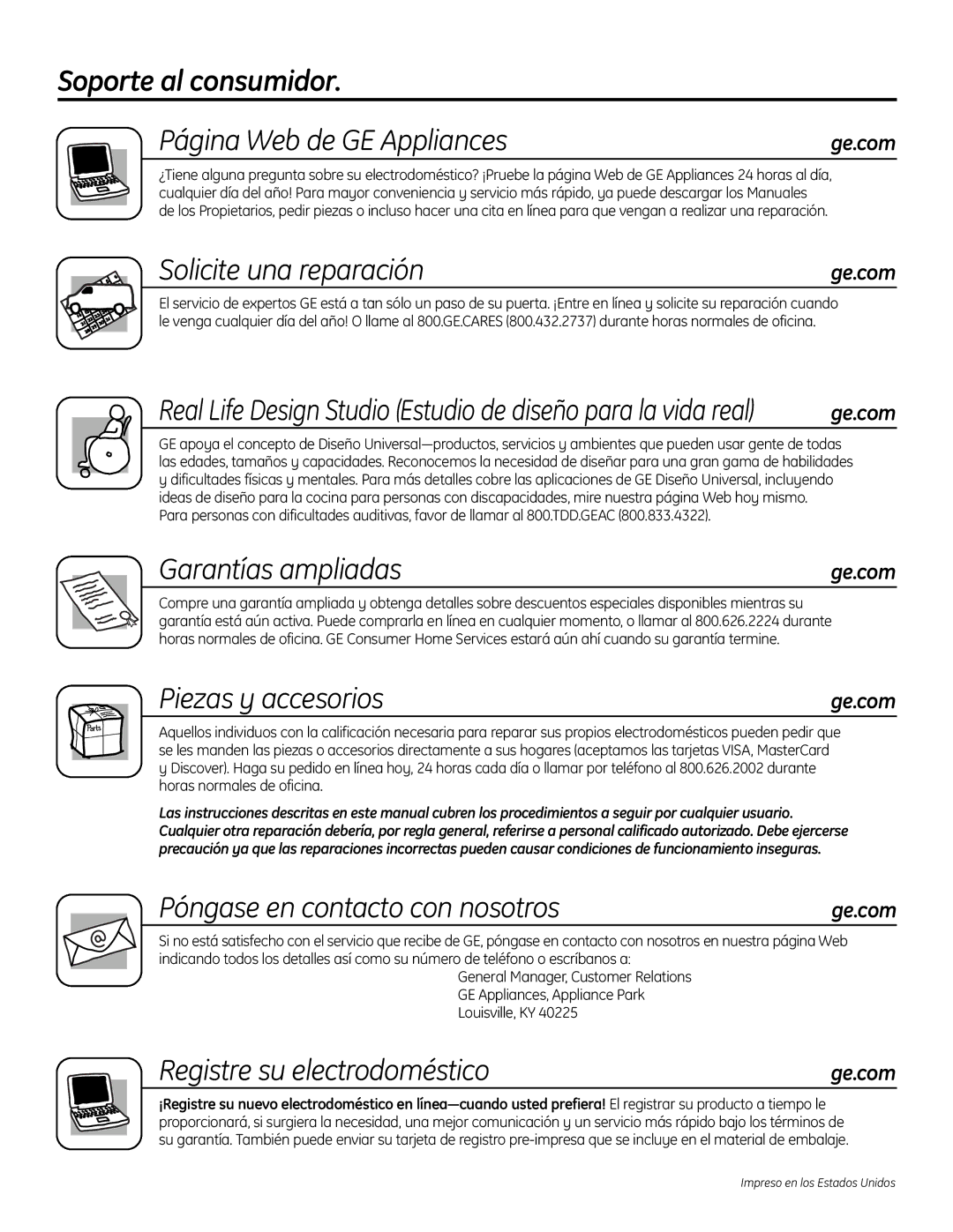 GE PT925 manual Soporte al consumidor Página Web de GE Appliances, Solicite una reparación, Garantías ampliadas 