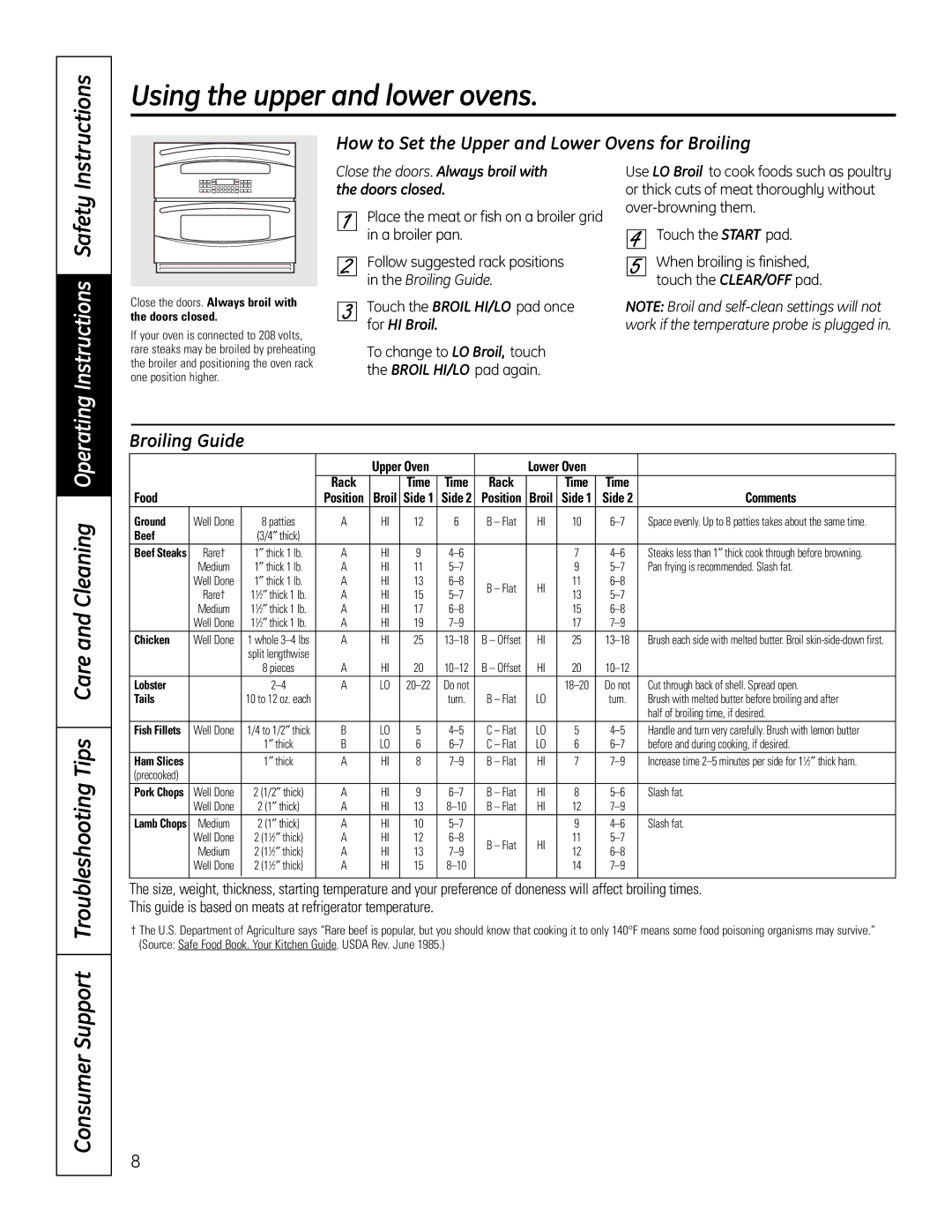 GE PT925 manual Using the upper and lower ovens, How to Set the Upper and Lower Ovens for Broiling, Broiling Guide 