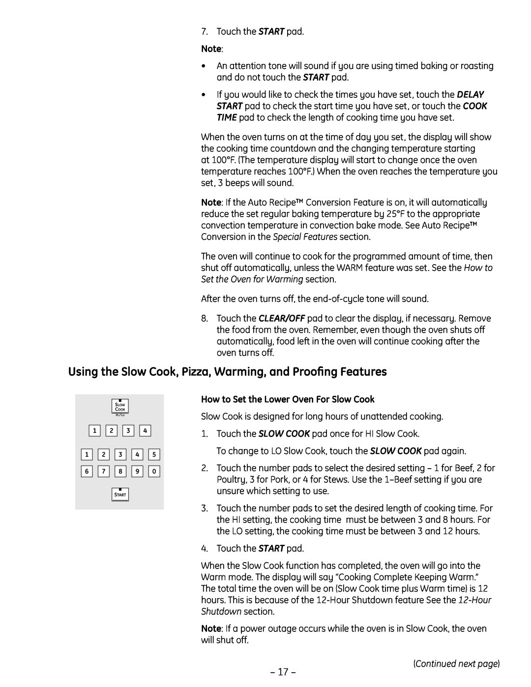 GE PT925 manual Using the Slow Cook, Pizza, Warming, and Prooﬁng Features, How to Set the Lower Oven For Slow Cook 