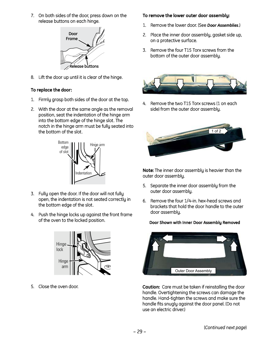 GE PT925 manual To remove the lower outer door assembly, To replace the door 