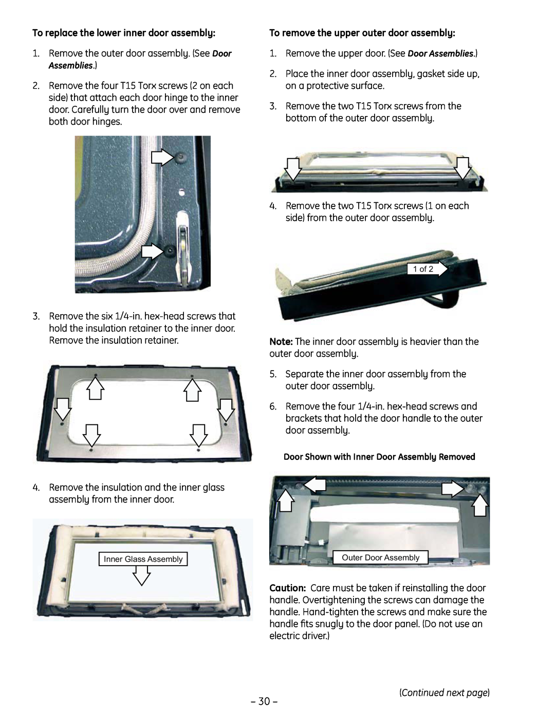 GE PT925 manual To replace the lower inner door assembly, To remove the upper outer door assembly 
