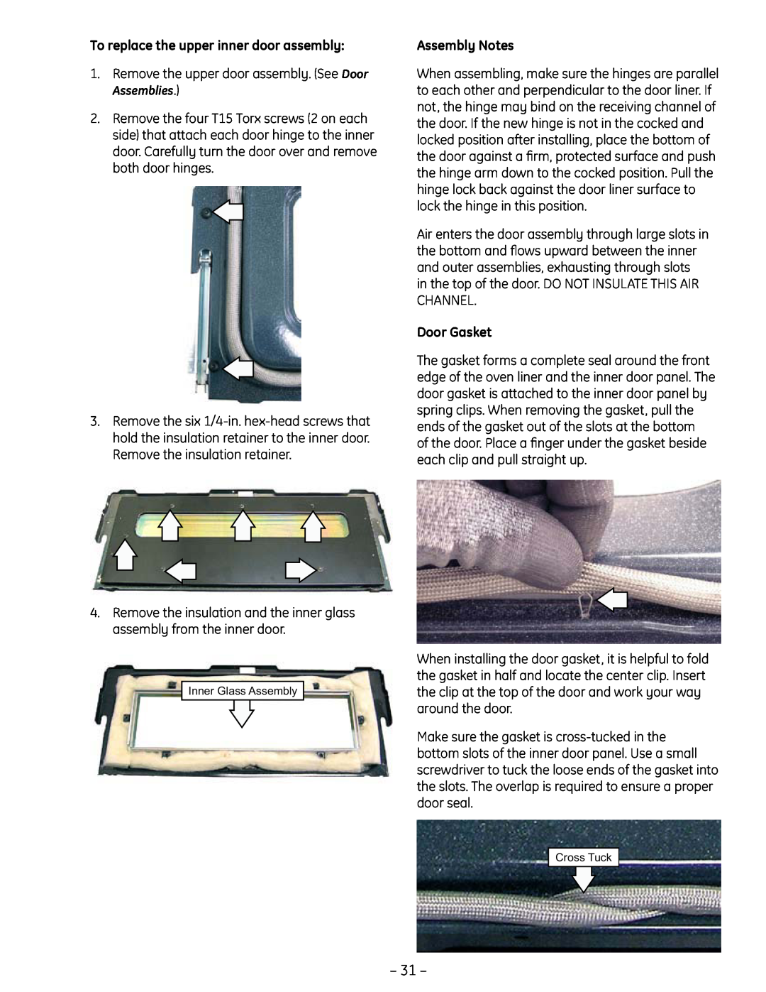GE PT925 manual To replace the upper inner door assembly, Assembly Notes, Door Gasket 