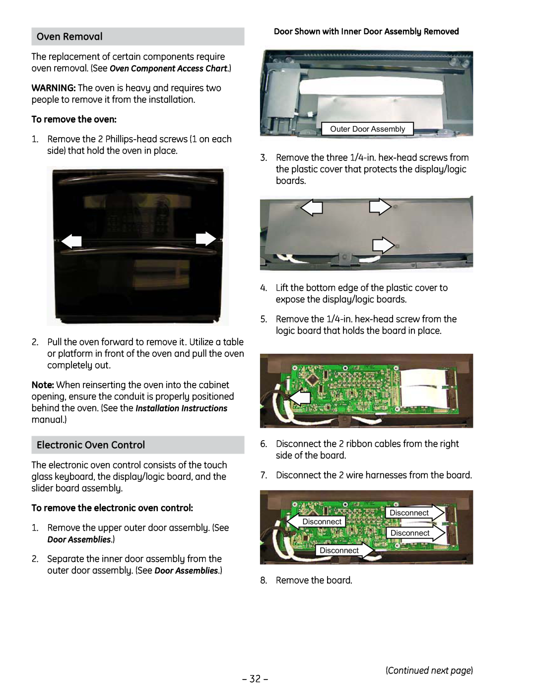 GE PT925 manual Oven Removal, Electronic Oven Control, To remove the oven, To remove the electronic oven control 