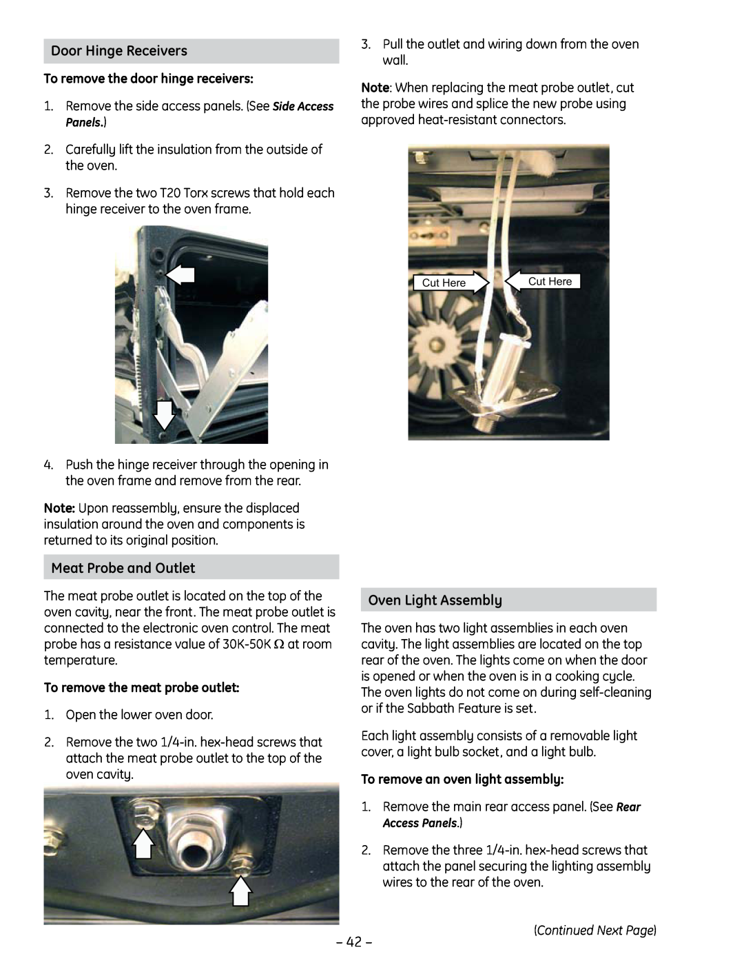 GE PT925 manual Door Hinge Receivers, Meat Probe and Outlet, Oven Light Assembly, To remove the door hinge receivers 