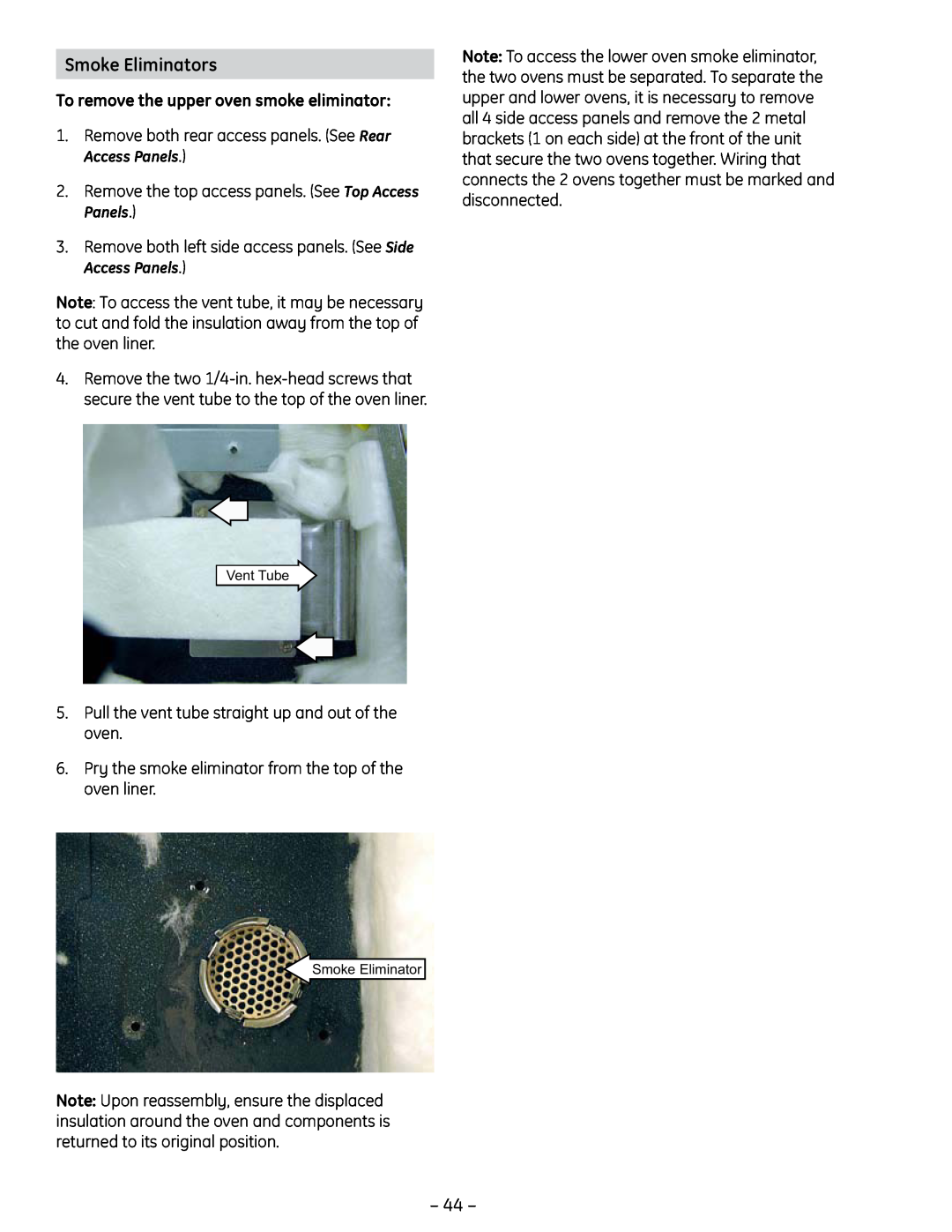 GE PT925 manual Smoke Eliminators, To remove the upper oven smoke eliminator 