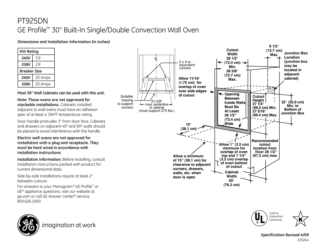 GE PT925DNBB dimensions GE Profile 30 Built-In Single/Double Convection Wall Oven 