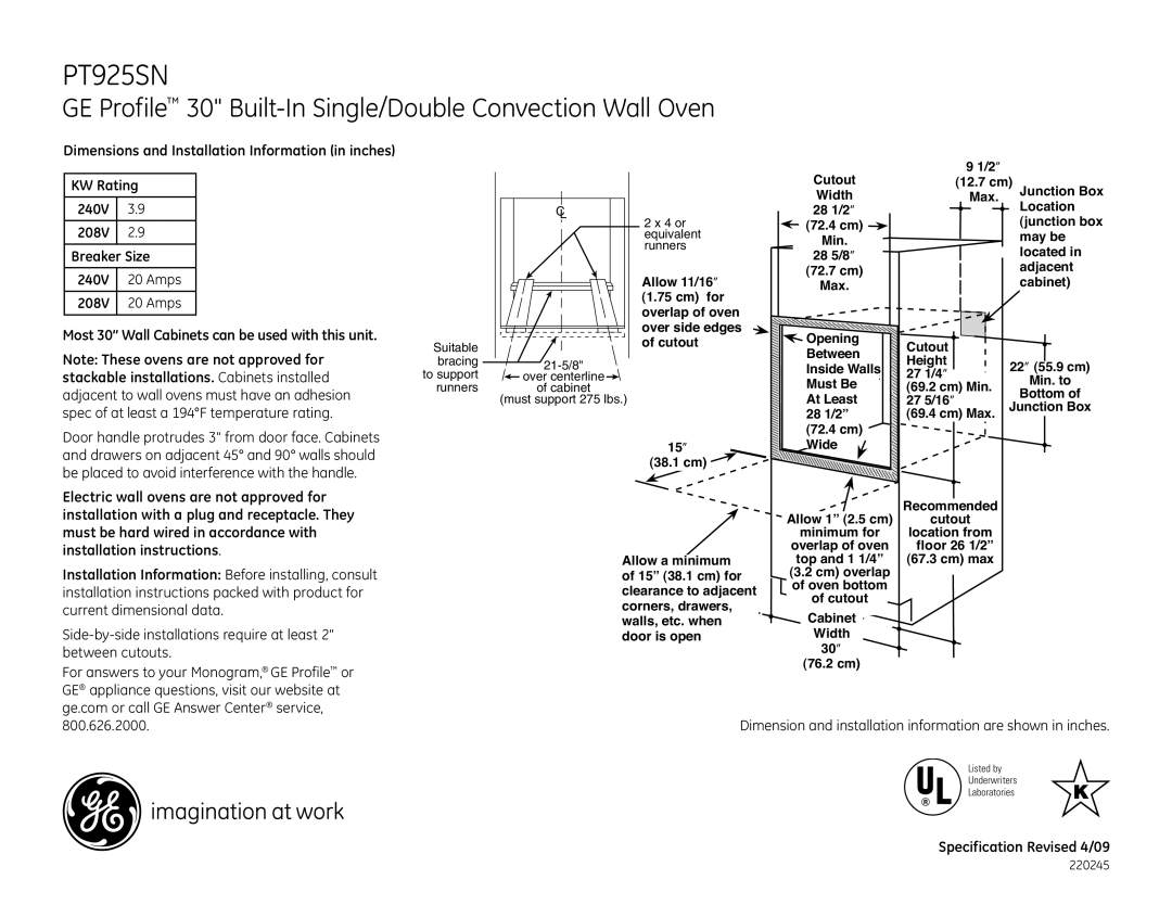 GE PT925SNSS dimensions GE Profile 30 Built-In Single/Double Convection Wall Oven 