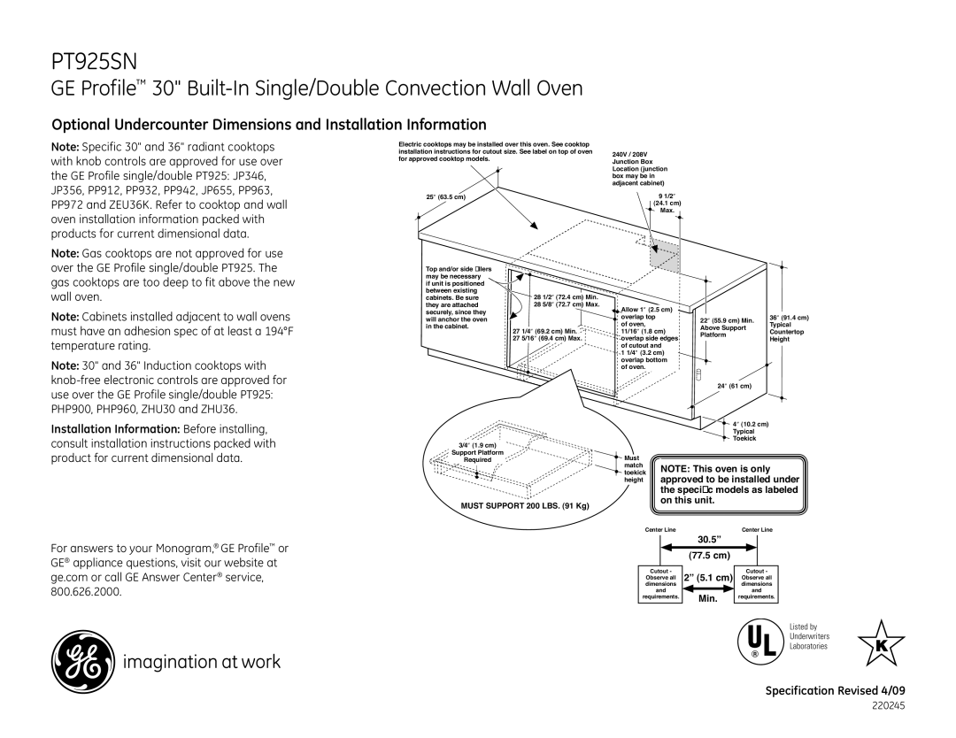 GE PT925SNSS dimensions Min 