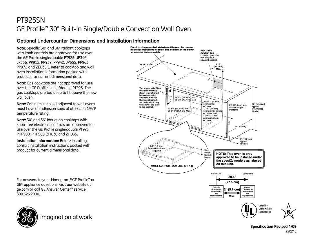 GE PT925SNSS dimensions Specification Revised 4/09 