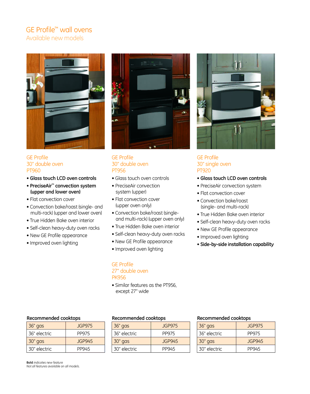 GE manual GE Profile wall ovens, GE Profile Double oven PT960 PT956, GE Profile Single oven PT920 