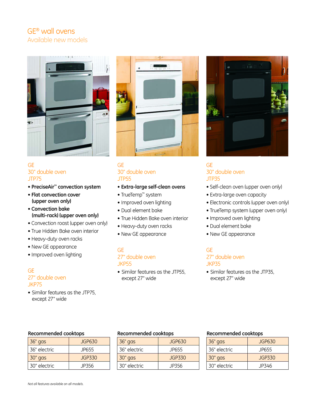 GE PT960, PT920 manual GE wall ovens, Double oven JTP75, Double oven JKP75 