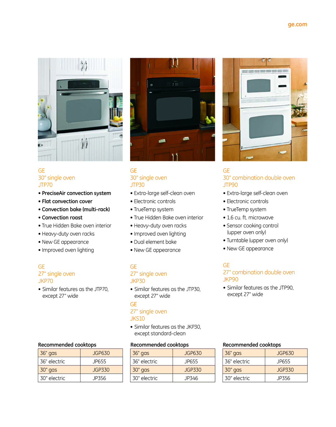 GE PT920, PT960 manual Single oven JTP70, Single oven JKP70, Single oven JTP30, Single oven JKP30, Single oven JKS10 