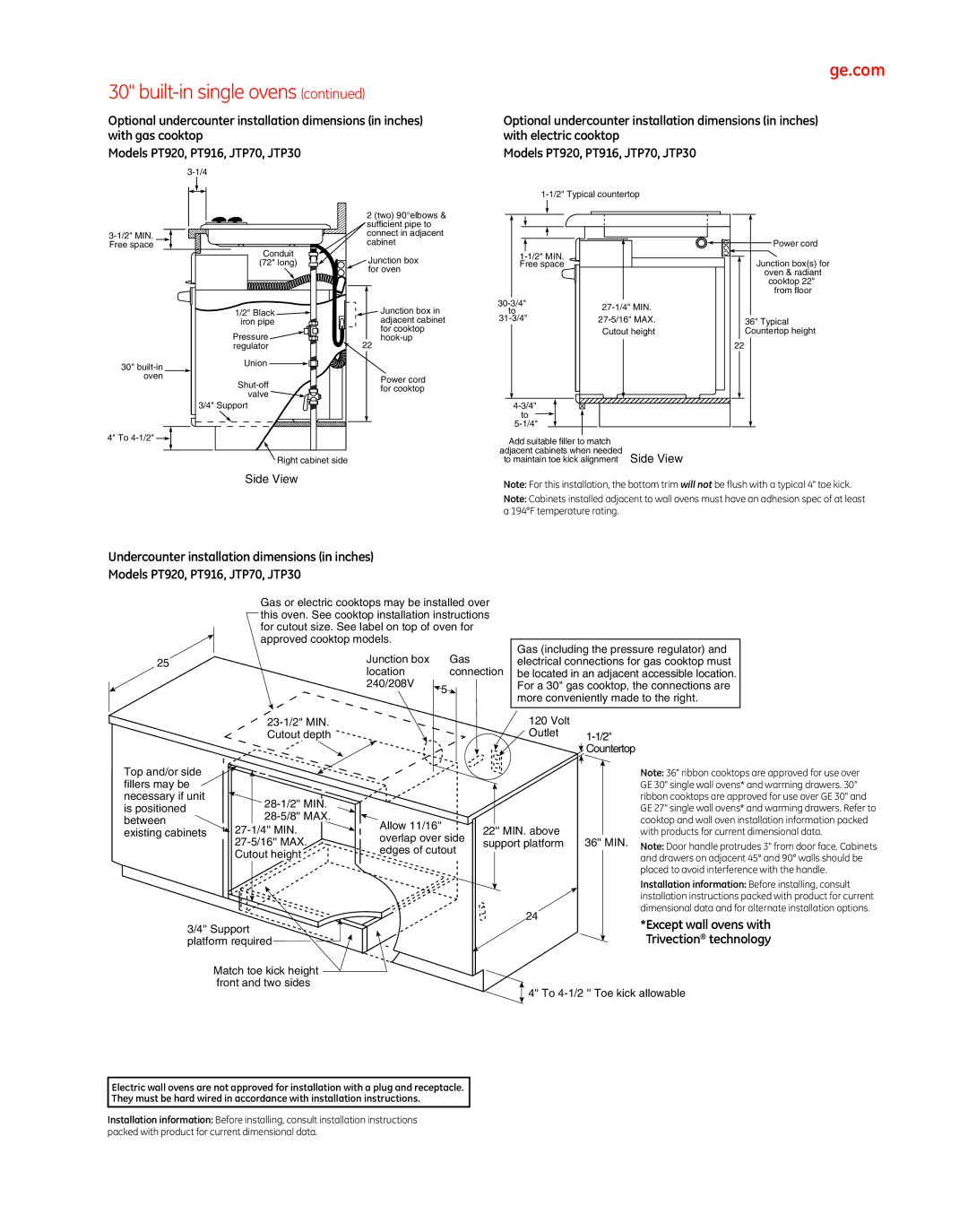 GE PT960, PT920 manual Except wall ovens with, Trivection technology 