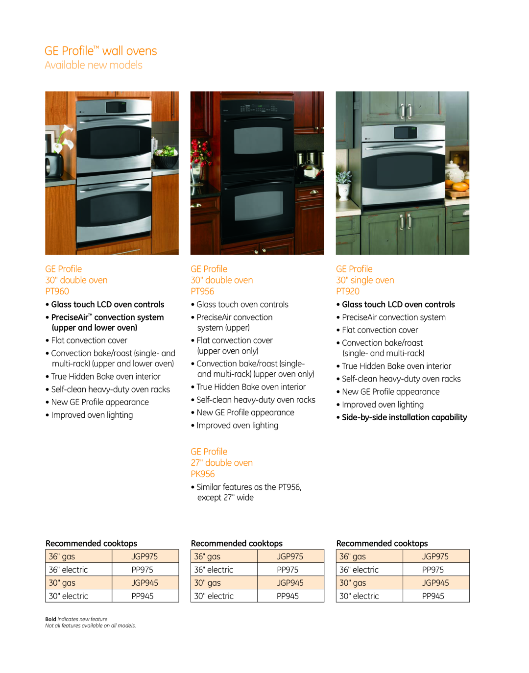 GE PT960 manual GE Profile wall ovens, Available new models, double oven, PT956, GE Profile 30 single oven PT920 