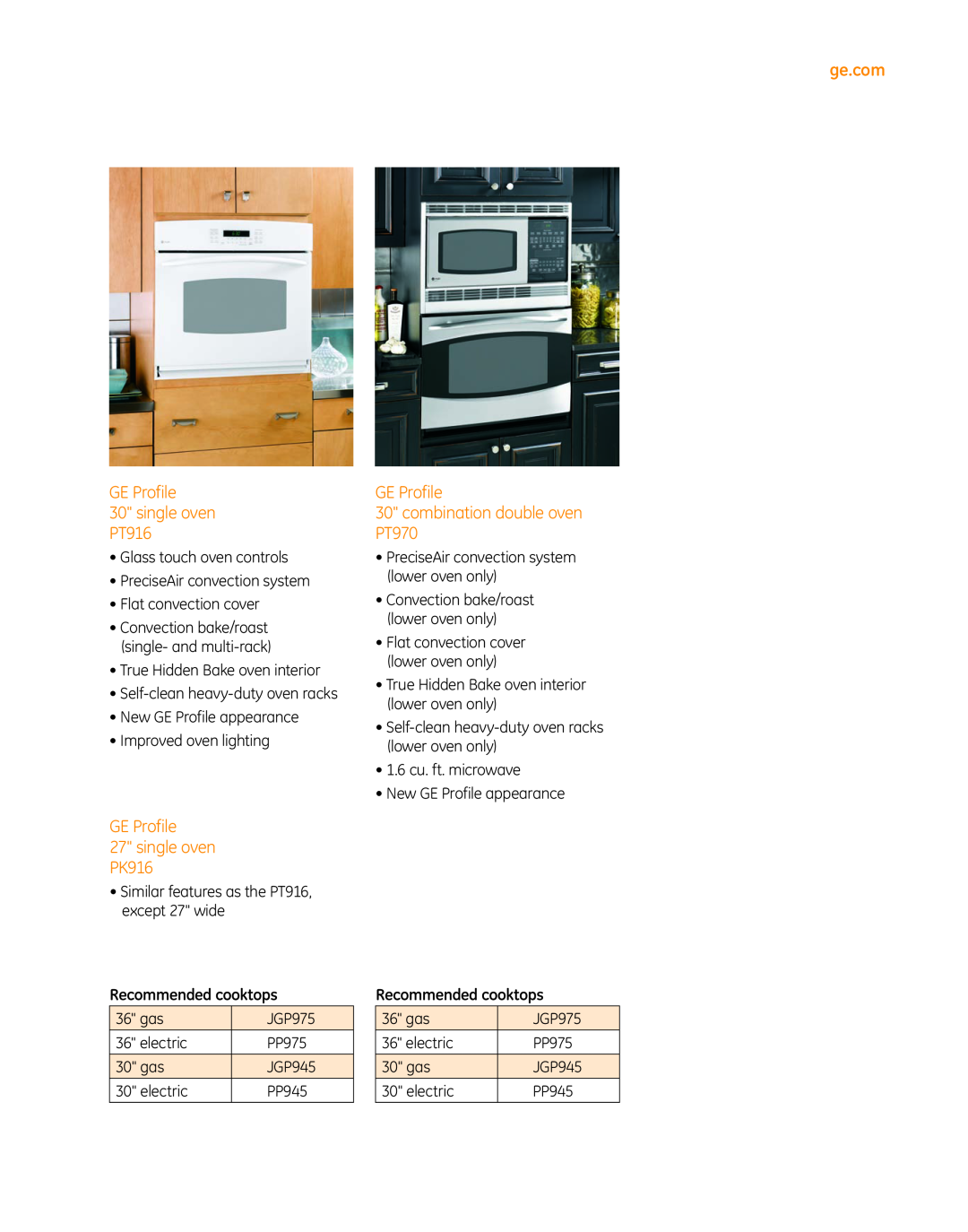 GE PT920 GE Profile 30 single oven PT916, GE Profile 27 single oven PK916, GE Profile 30 combination double oven PT970 