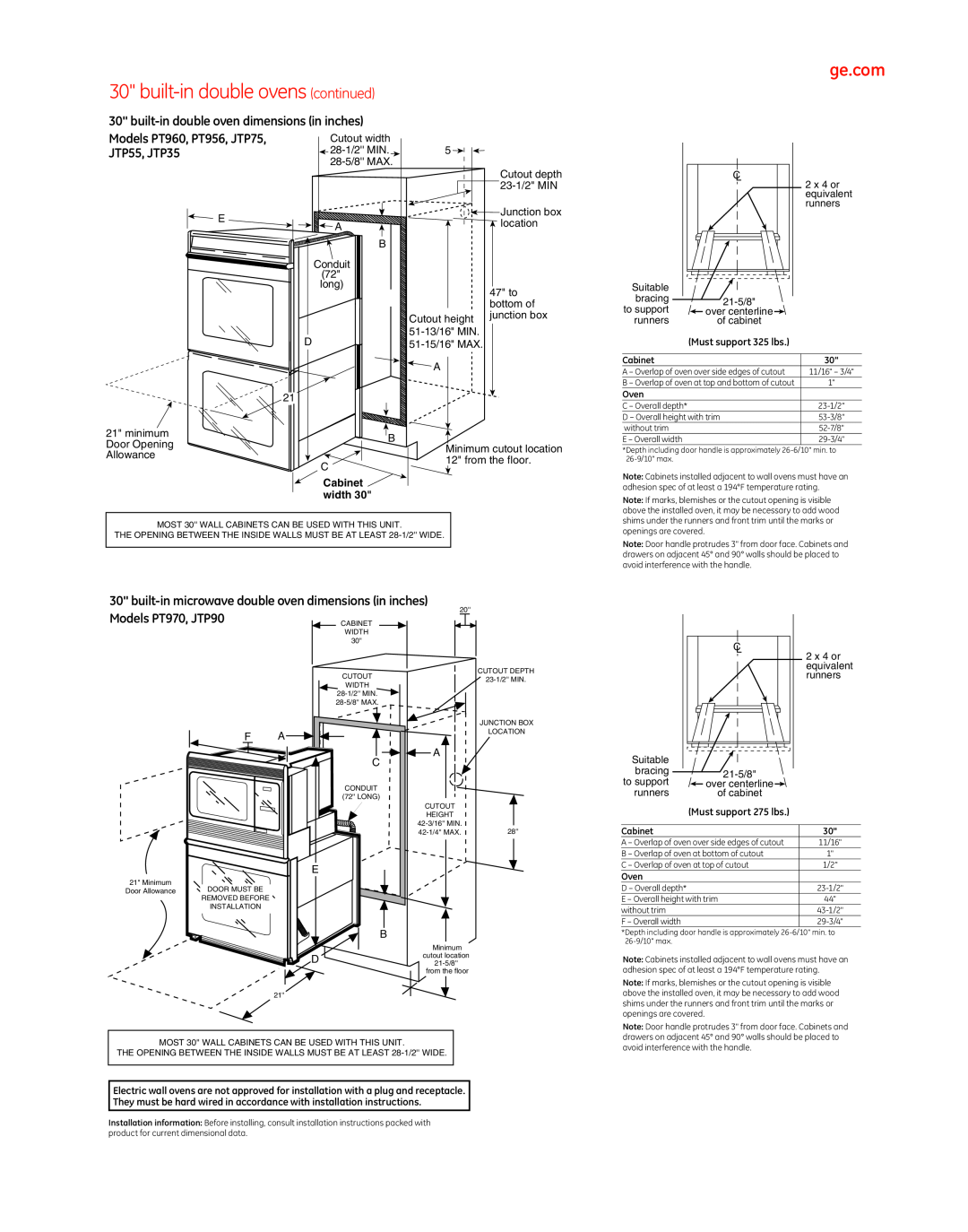 GE built-indouble ovens continued, built-indouble oven dimensions in inches, Models PT960, PT956, JTP75, JTP55, JTP35 