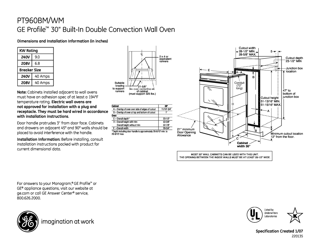 GE PT960BM/WM dimensions GE Profile 30 Built-InDouble Convection Wall Oven 