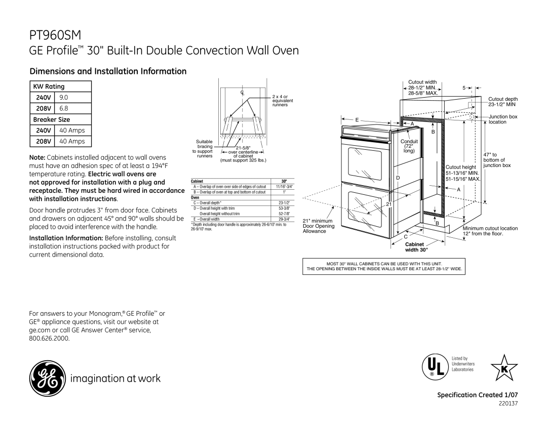 GE PT960SMSS dimensions GE Profile 30 Built-In Double Convection Wall Oven, Dimensions and Installation Information 