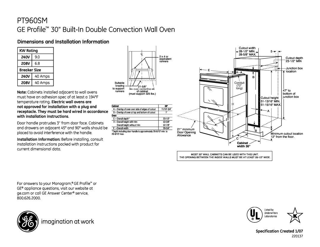 GE PT960SMSS dimensions GE Profile 30 Built-InDouble Convection Wall Oven, Dimensions and Installation Information 