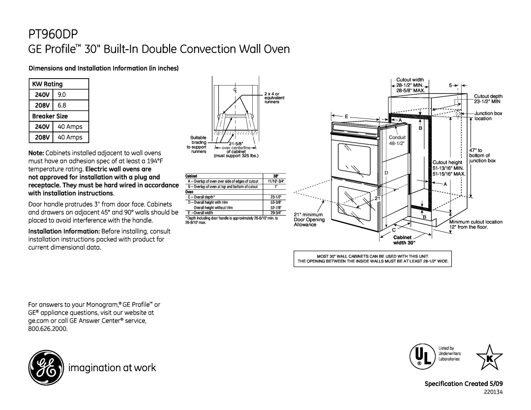 GE PT960BM, PT960WM, PT960DPBB dimensions GE Profile 30 Built-InDouble Convection Wall Oven 