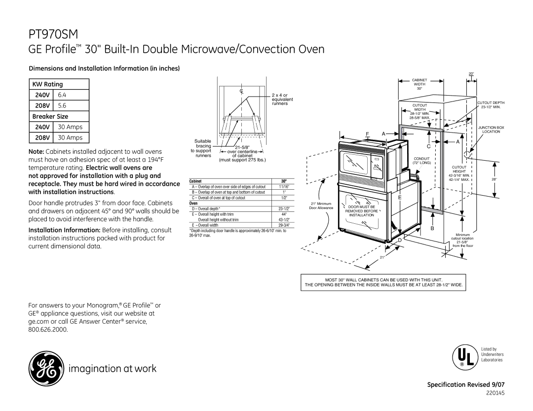 GE PT970SM installation instructions GE Profile 30 Built-In Double Microwave/Convection Oven, Cabinet 