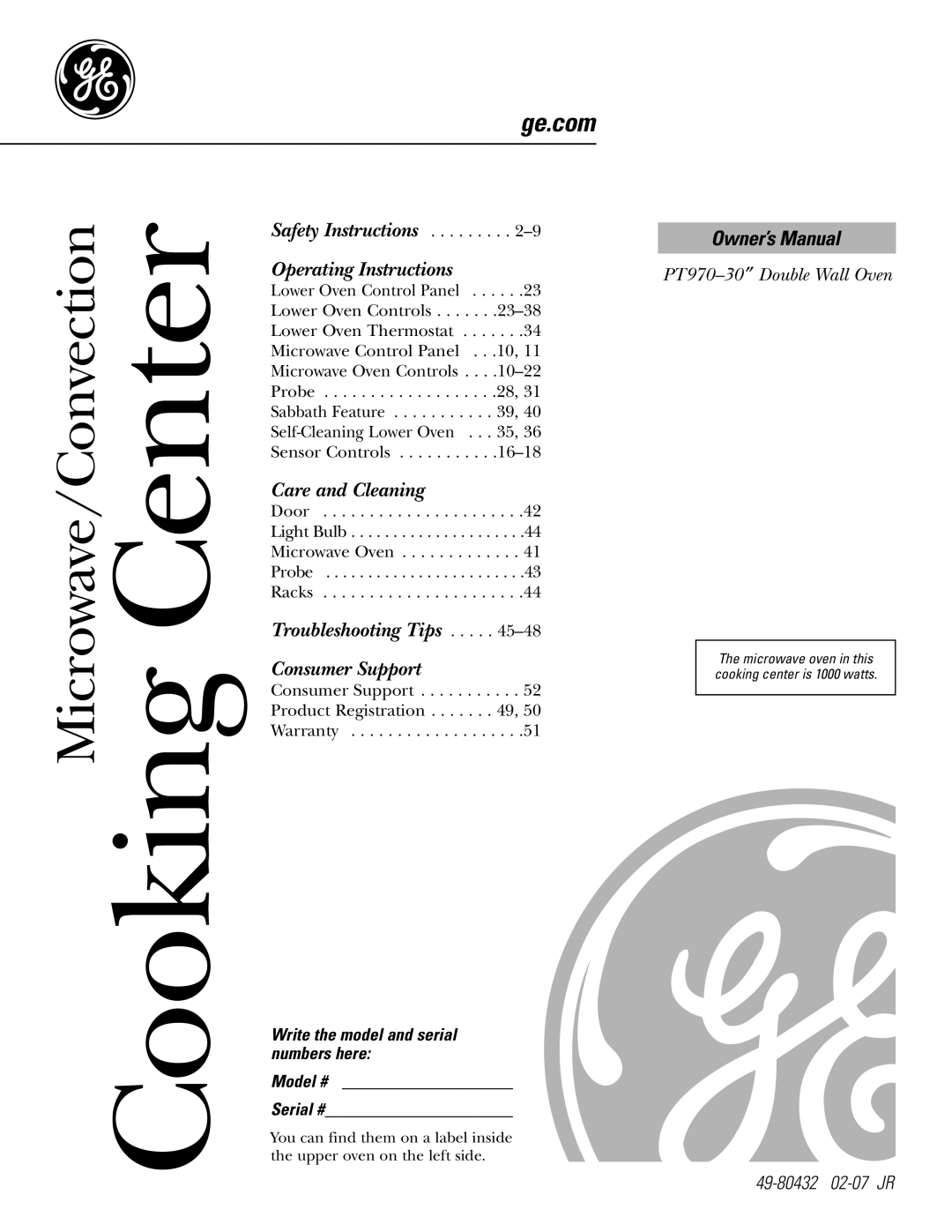 GE PT970SMSS owner manual Cooking Center, Write the model and serial numbers here Model # Serial # 