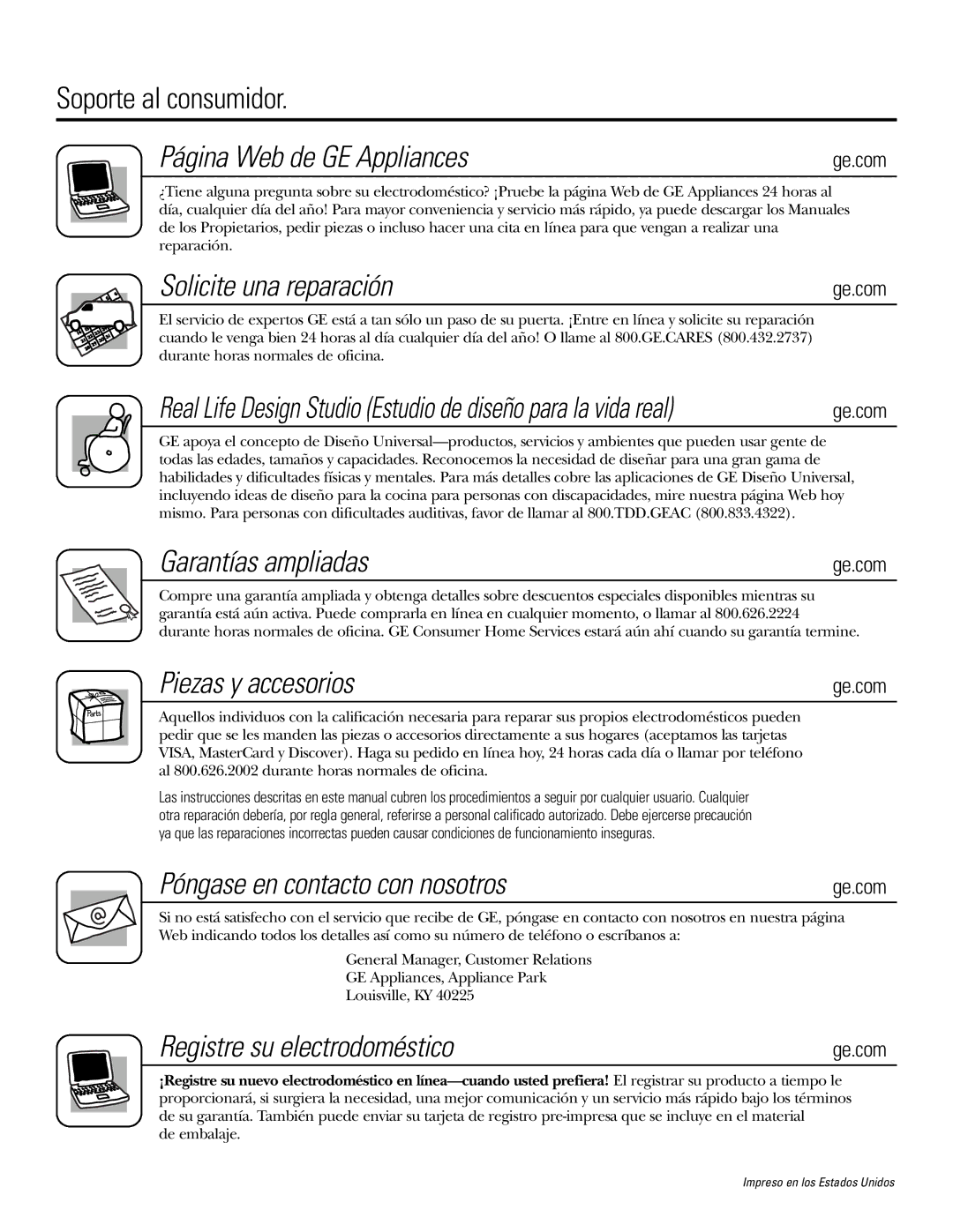 GE PT970SMSS owner manual Soporte al consumidor Página Web de GE Appliances, Solicite una reparación, Garantías ampliadas 