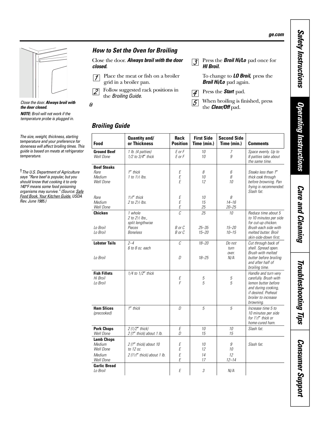 GE PT970SMSS owner manual Instructions Operating, How to Set the Oven for Broiling, Broiling Guide, Safety 