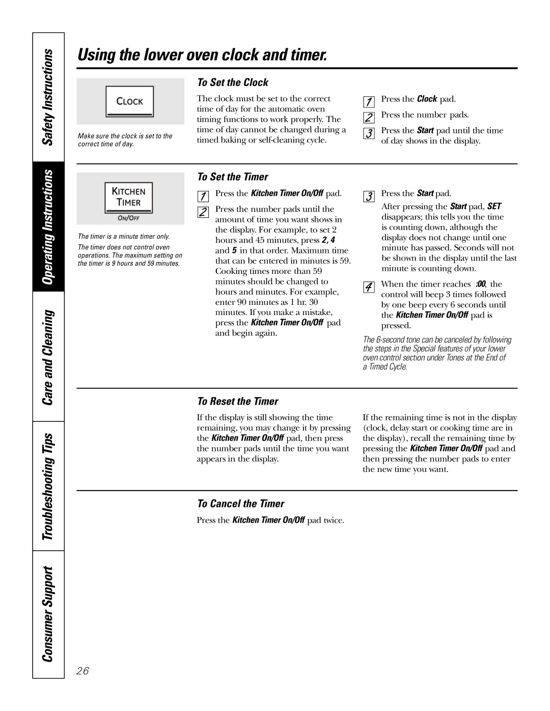 GE PT970SMSS owner manual Using the lower oven clock and timer, Tips, Consumer Support Troubleshooting 