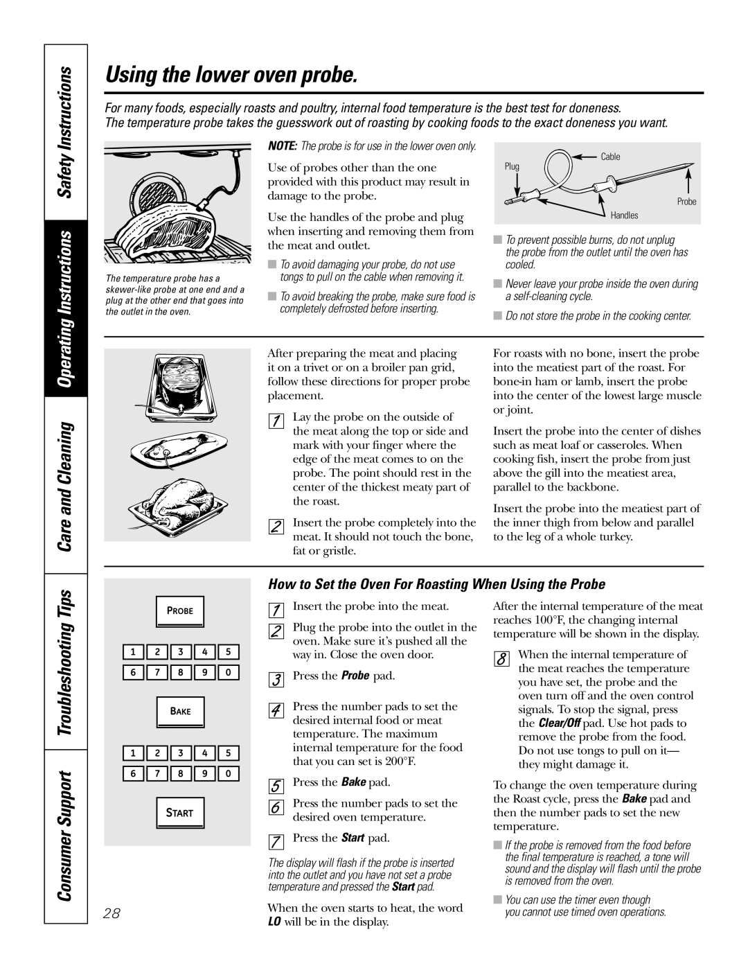 GE PT970SMSS owner manual Using the lower oven probe, Care and Cleaning Operating, Consumer Support Troubleshooting Tips 