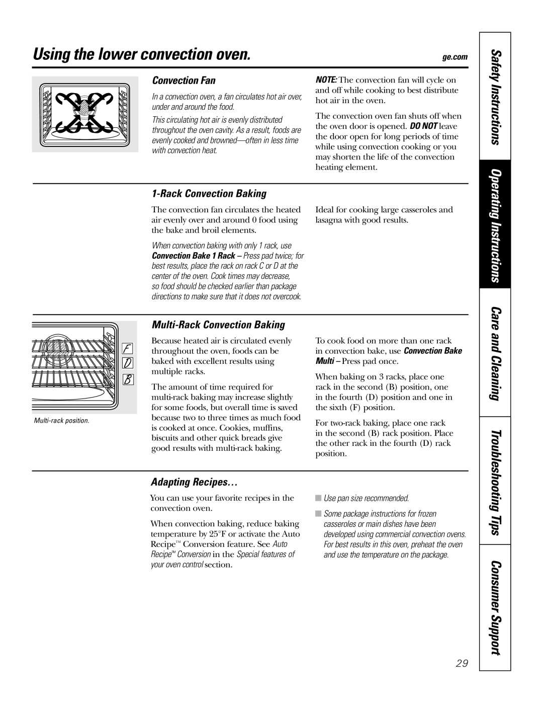 GE PT970SMSS owner manual Using the lower convection oven, Tips Consumer Support 