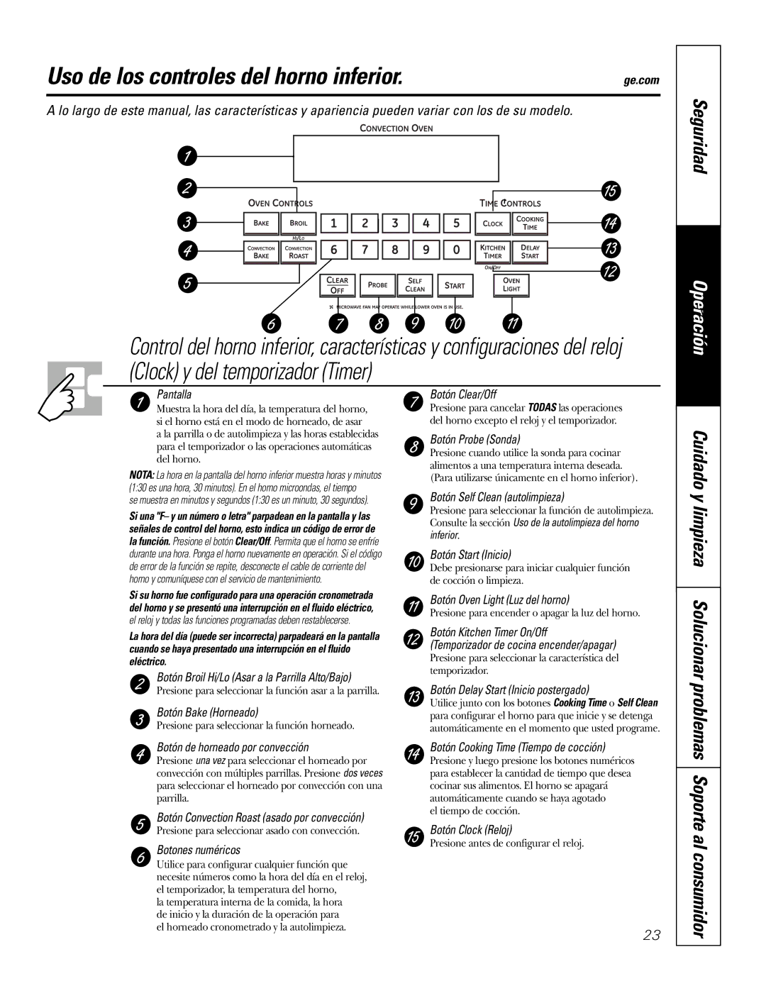 GE PT970SMSS owner manual Uso de los controles del horno inferior 