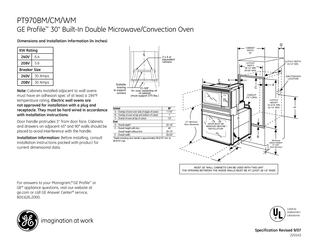 GE PT970WM installation instructions PT970BM/CM/WM, GE Profile 30 Built-In Double Microwave/Convection Oven, Cabinet 