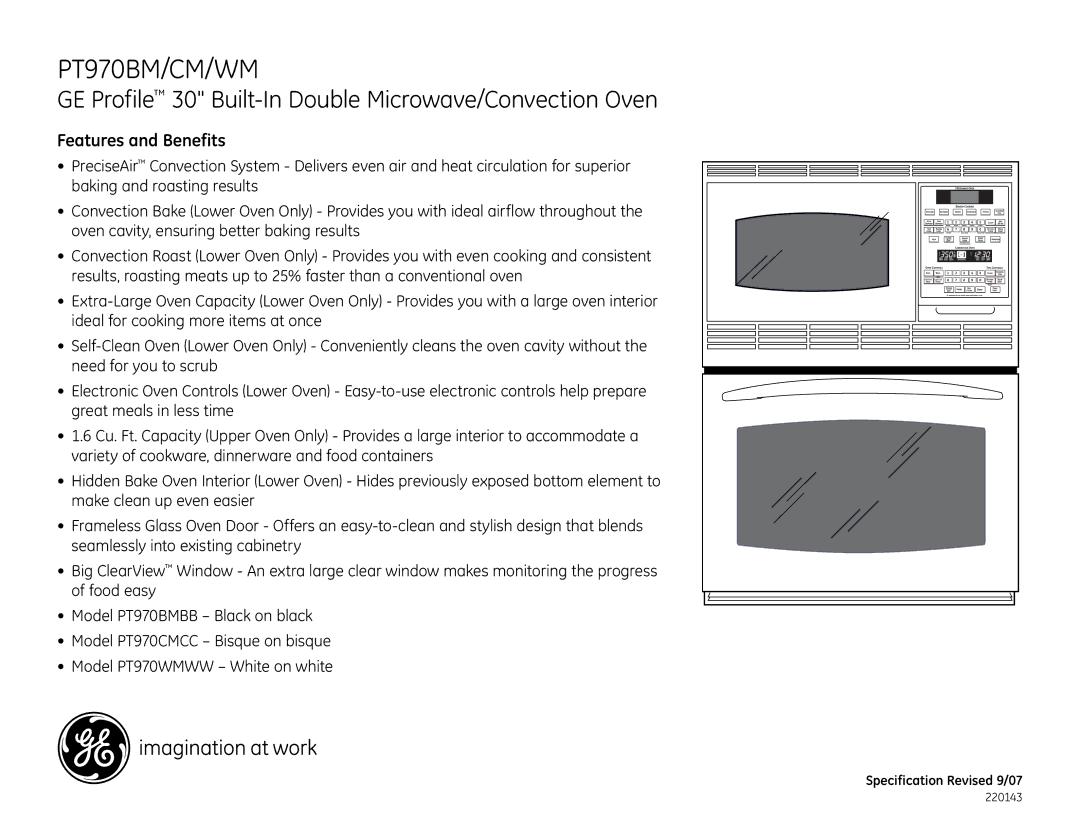 GE PT970CM, PT970WM, PT970BM GE Profile 30 Built-In Double Microwave/Convection Oven, Features and Benefits 