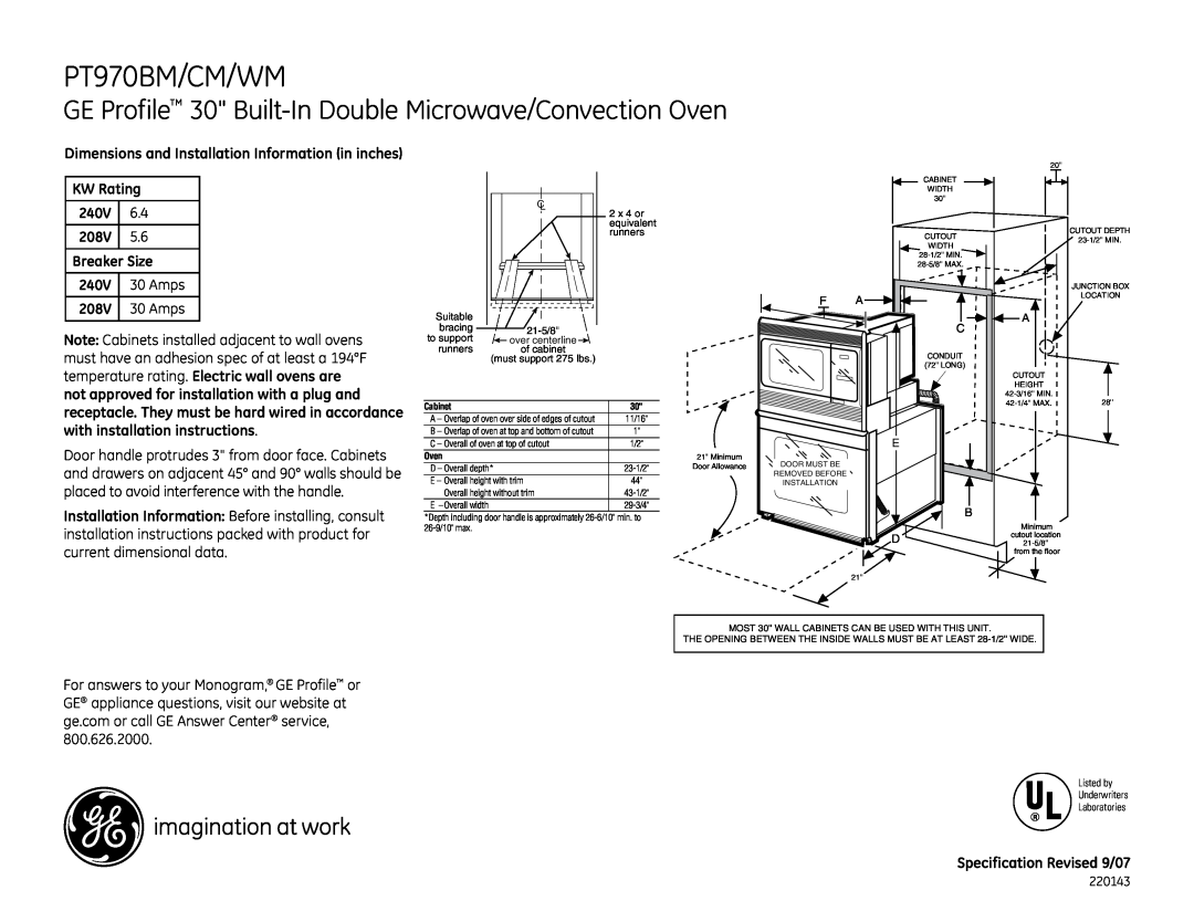 GE PT970WM, PT970CM installation instructions PT970BM/CM/WM, GE Profile 30 Built-In Double Microwave/Convection Oven 