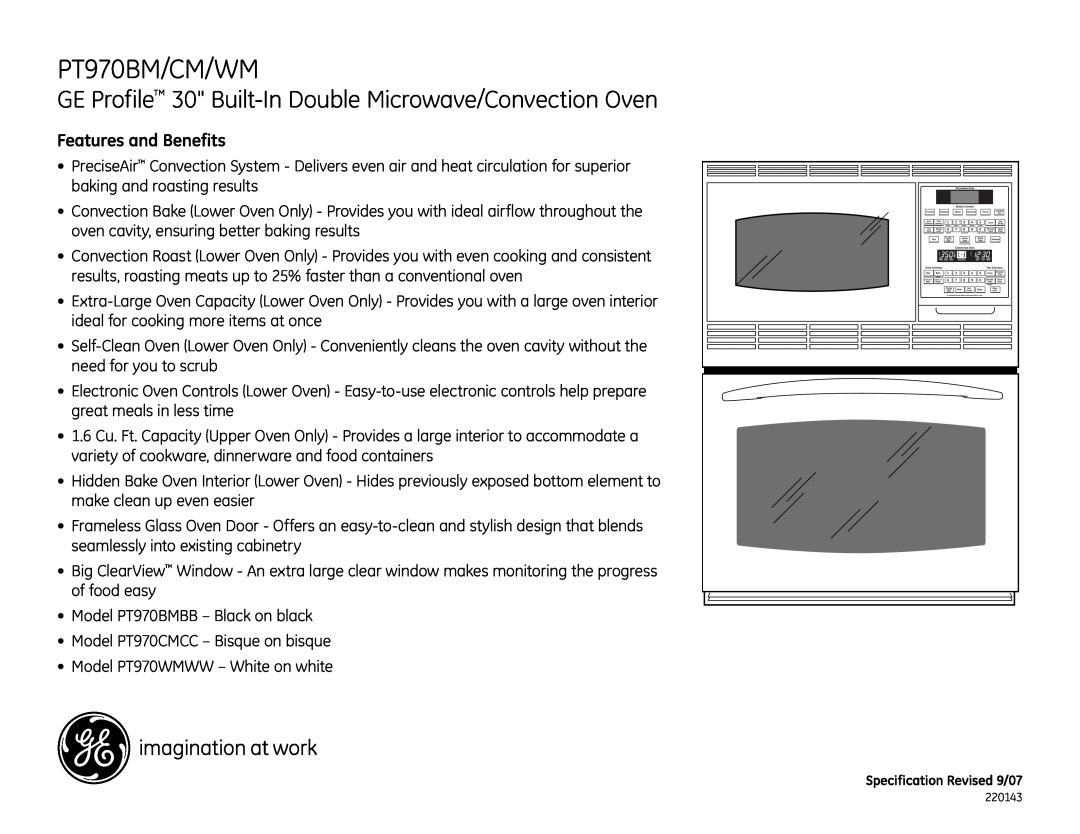 GE PT970CM, PT970WM PT970BM/CM/WM, GE Profile 30 Built-In Double Microwave/Convection Oven, Features and Benefits 