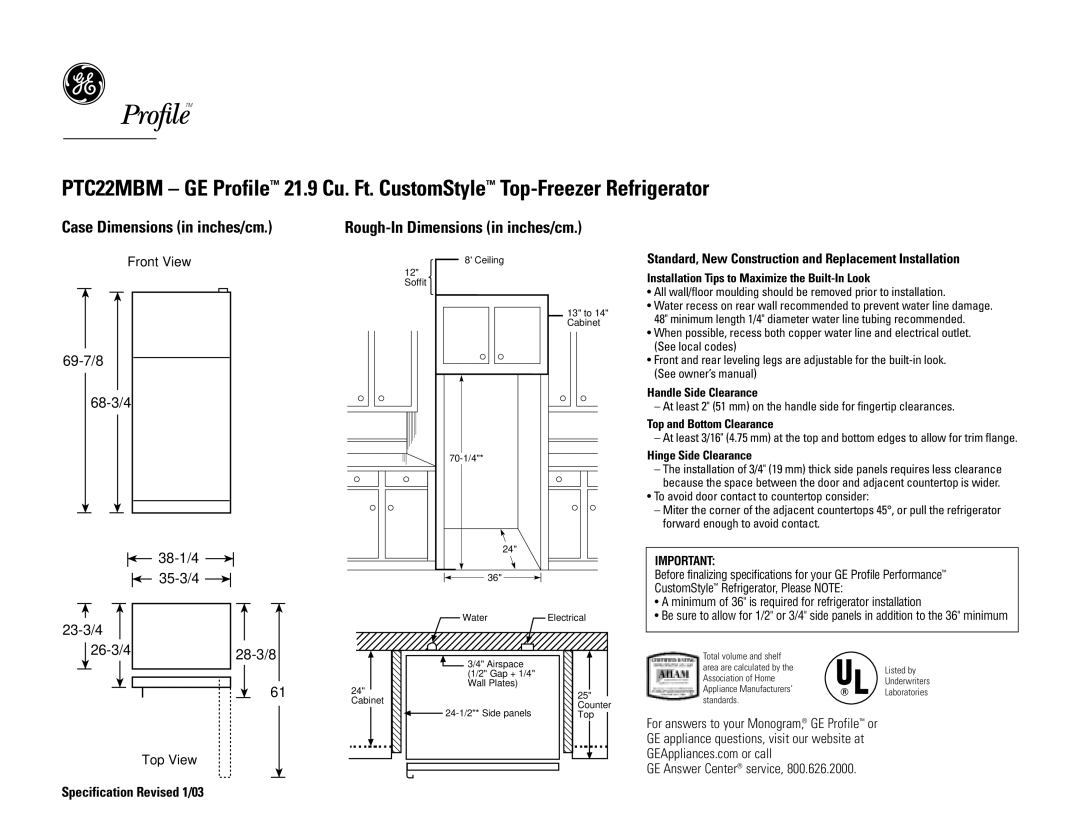 GE PTC22MBMBB dimensions Case Dimensions in inches/cm, Rough-In Dimensions in inches/cm, Specification Revised 1/03 