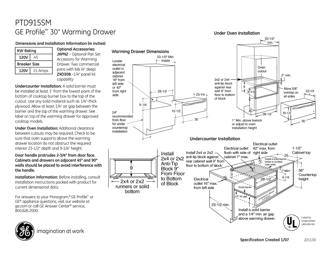 GE PTD915SMSS dimensions Install, Anti-Tip, To Bottom, 2x4 or Block Runners or solid 