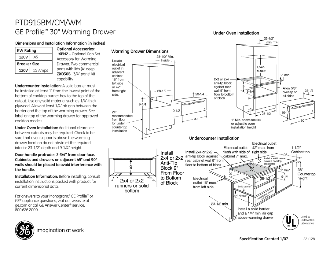 GE PTD915WMWW dimensions Install, Anti-Tip, To Bottom, 2x4 or Block Runners or solid 