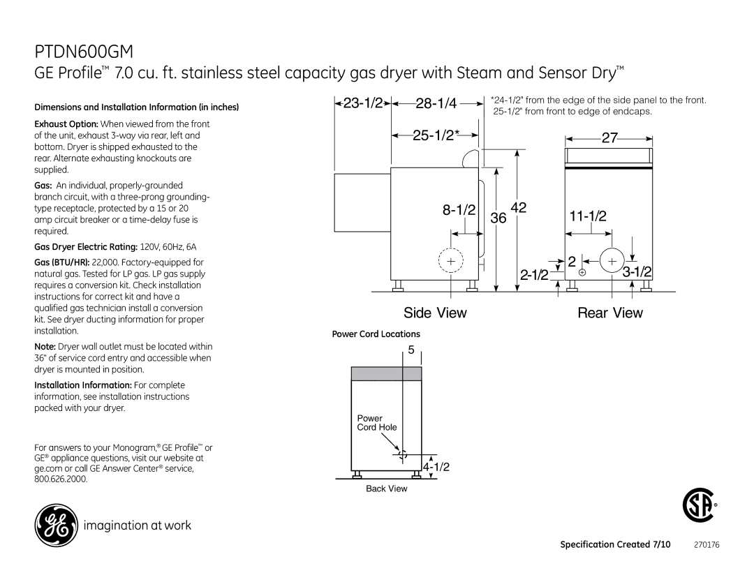 GE PTDN600GM, PTDN600EM installation instructions Dimensions and Installation Information in inches, Power Cord Locations 