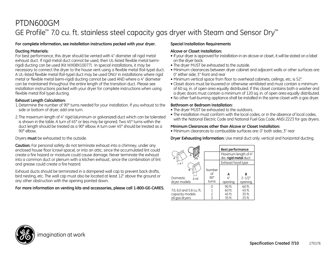 GE PTDN600EM Exhaust Length Calculation, Bathroom or Bedroom Installation, Dryer Must be exhausted to the outdoors 