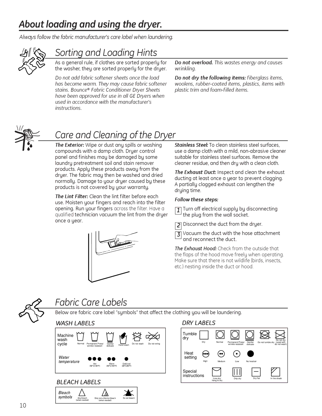 GE 49-90405, PTDN600GMWT About loading and using the dryer, WASh lAbElS DRy lAbElS, BlEACh lAbElS, Follow these steps 