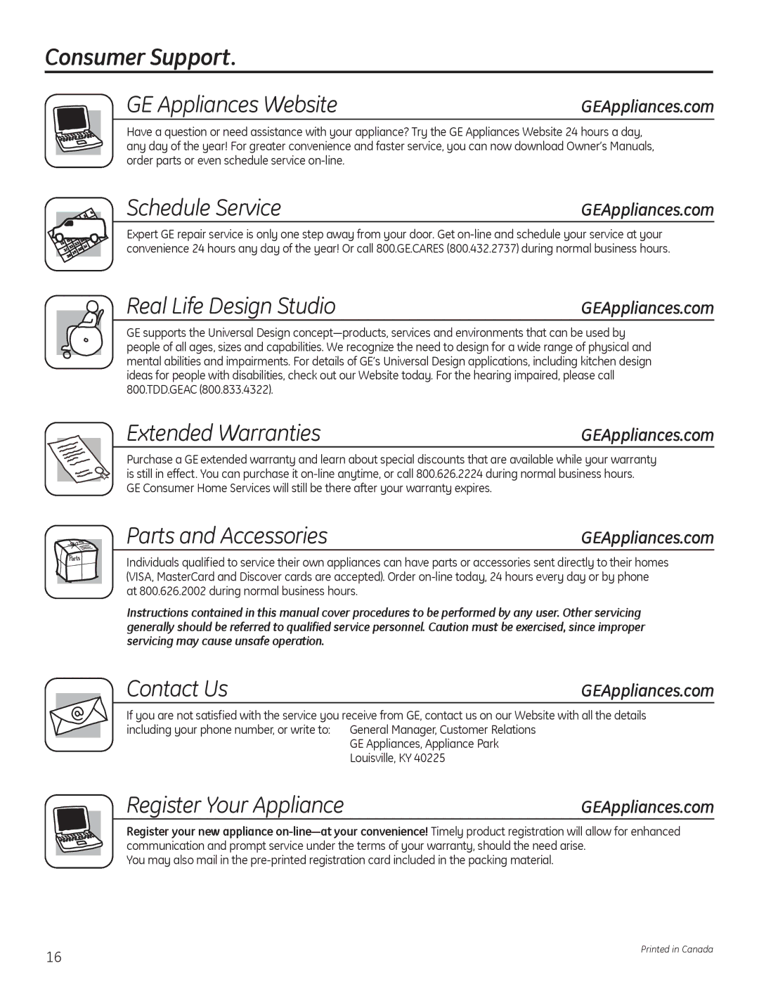 GE 49-90405 Consumer Support GE Appliances Website, Schedule Service, Real Life Design Studio, Extended Warranties 