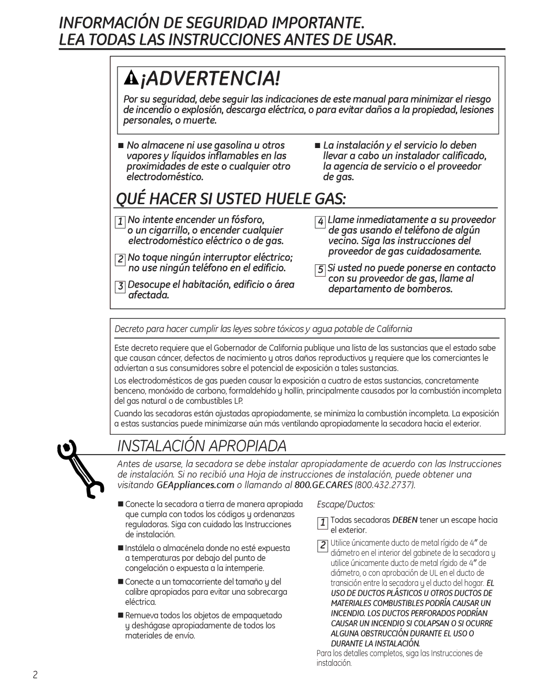 GE PTDN600GMWT, 49-90405, 234D1157P003 operating instructions Instalación Apropiada, No intente encender un fósforo 