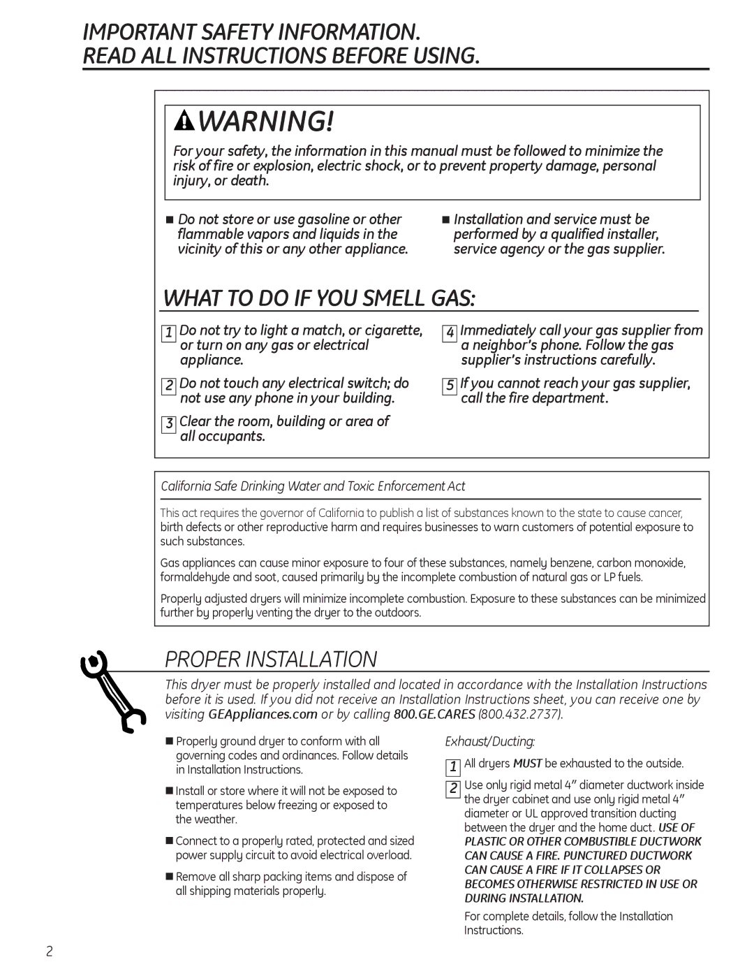 GE 234D1157P003, PTDN600GMWT, 49-90405 operating instructions WhAT to do If yOu SMEll GAS, Proper Installation 